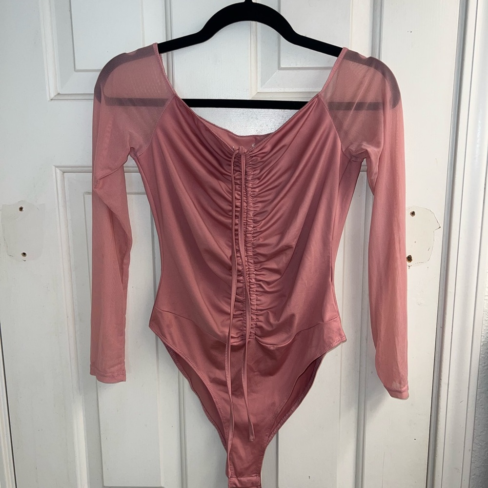 SHEIN SXY Off Shoulder Contrast Mesh Drawstring Front Bodysuit (M)